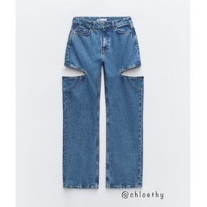 Zara Z1975 MID WAIST STRAIGHT LEG CUT OUT JEWEL JEANS